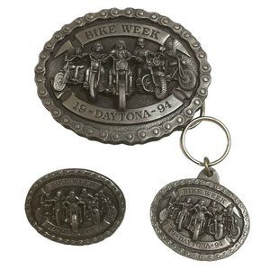 Daytona Bike Week 90s 1994 PEWTER Belt Buckle Key Chain Pin 3D Motorcycle Riders